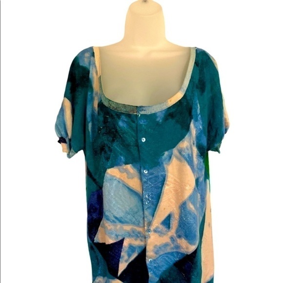 CUSTO BARCELONA Short Sleeve Scooped Neck HiLow Bruch Stroke Print Cardi… - Picture 4 of 13